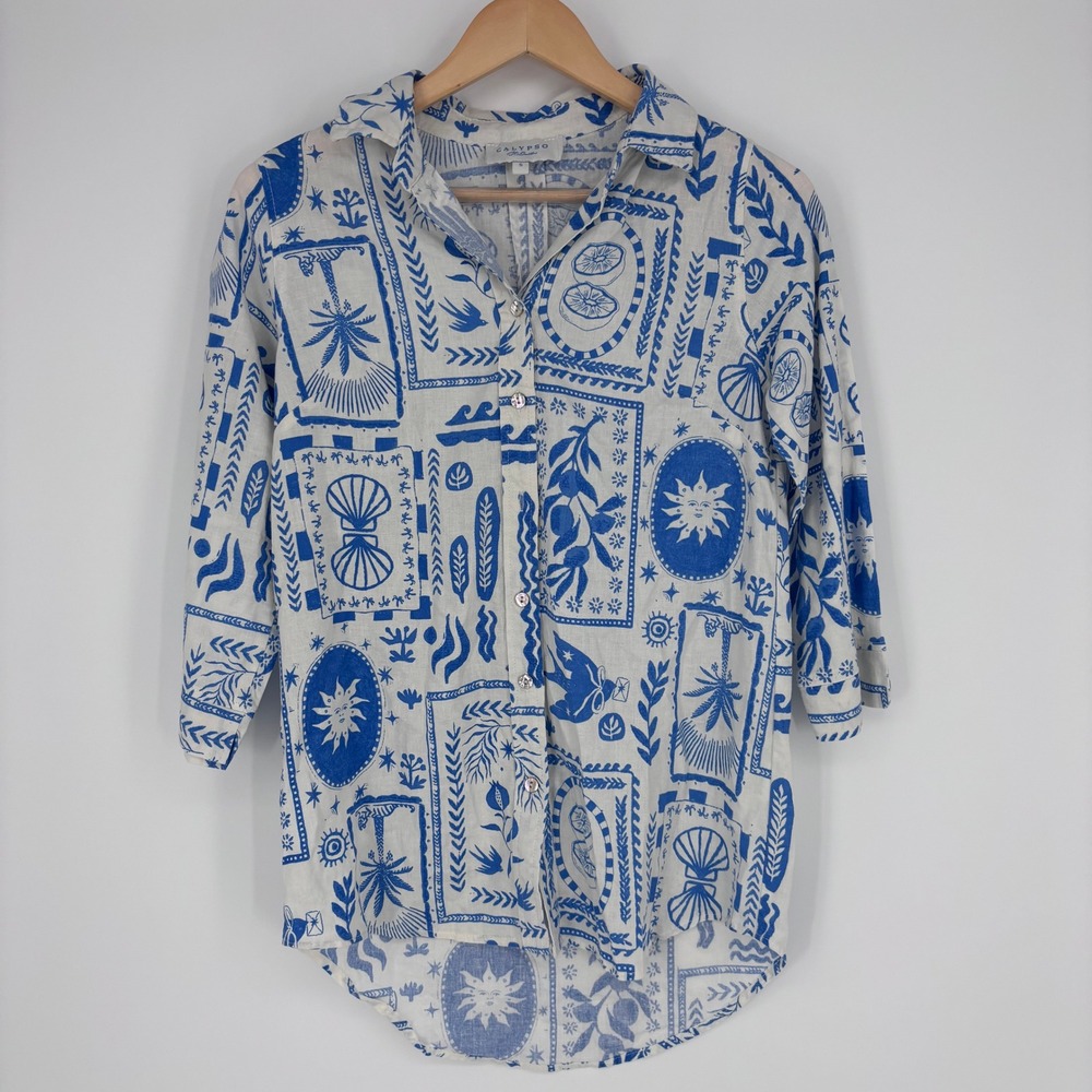 Calypso St‎ Barth Button Down Shirt Womens S Blue Linen Blend Nautical Print Top